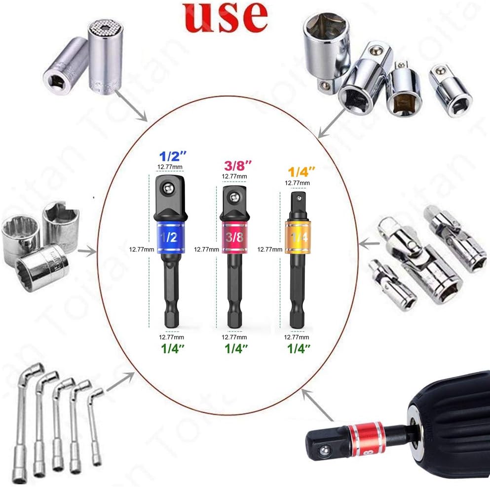 Impact Grade Power Hand Tools Driver Sockets Adapter Extension Set, 3Pcs 1/4 3/8 1/2" Hex Shank Drill Nut Driver Bit Set + 105 Degree Right Angle Driver Extension Screwdriver Drill Attachment
