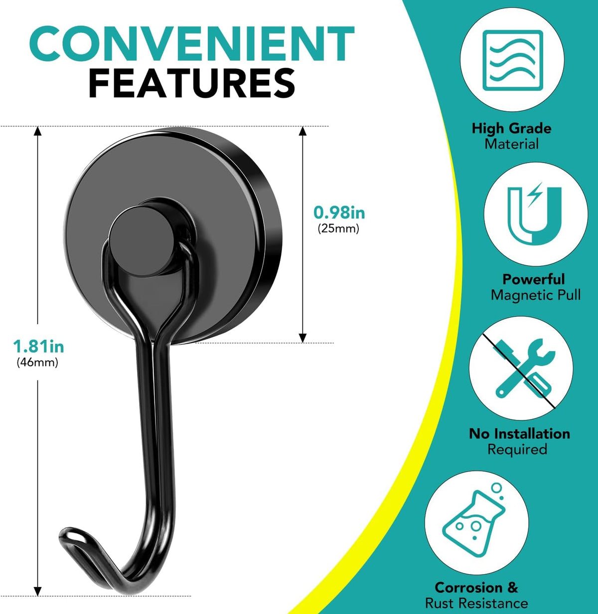 DIYMAG Black Magnetic Hooks, 80LBS Strong Magnetics Heavy Duty, Magnet Hook with Metal Hanger for Hanging Refrigerator Home Kitchen Office, 4Pack