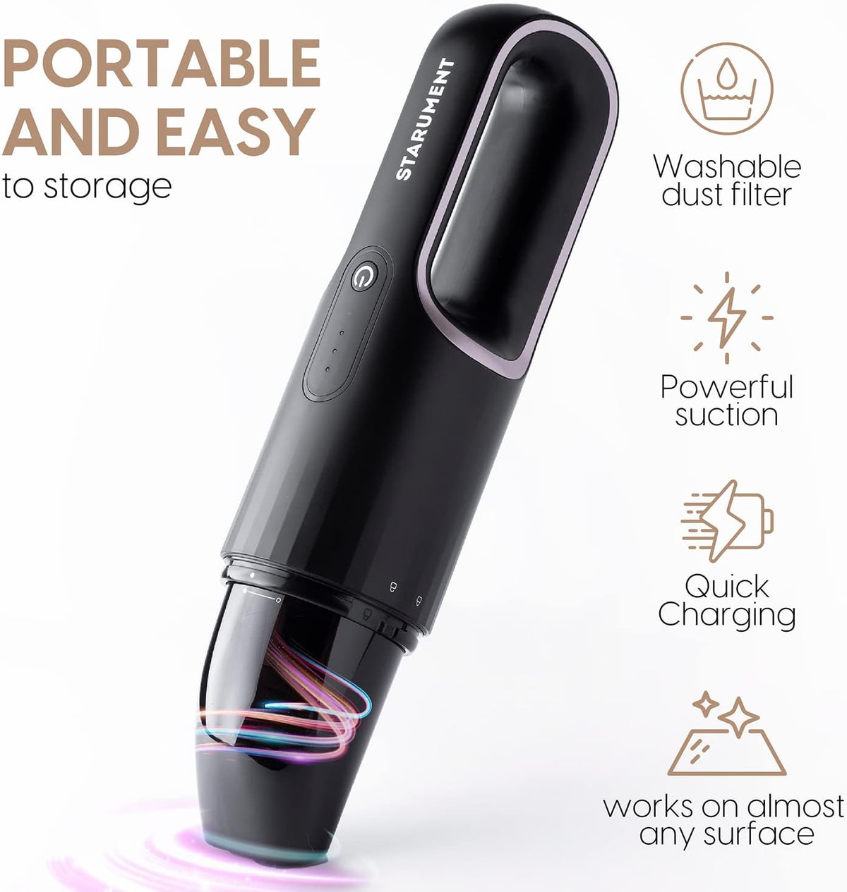 Starument Handheld Vacuum Cleaner - Cordless Vacuum Cleaner for Cleaning Dust, Dirt, Pet Hair Suction - Compact, Rechargeable & Wireless Device for Home, Office, Car - USB-C Cable, Crevice Suction