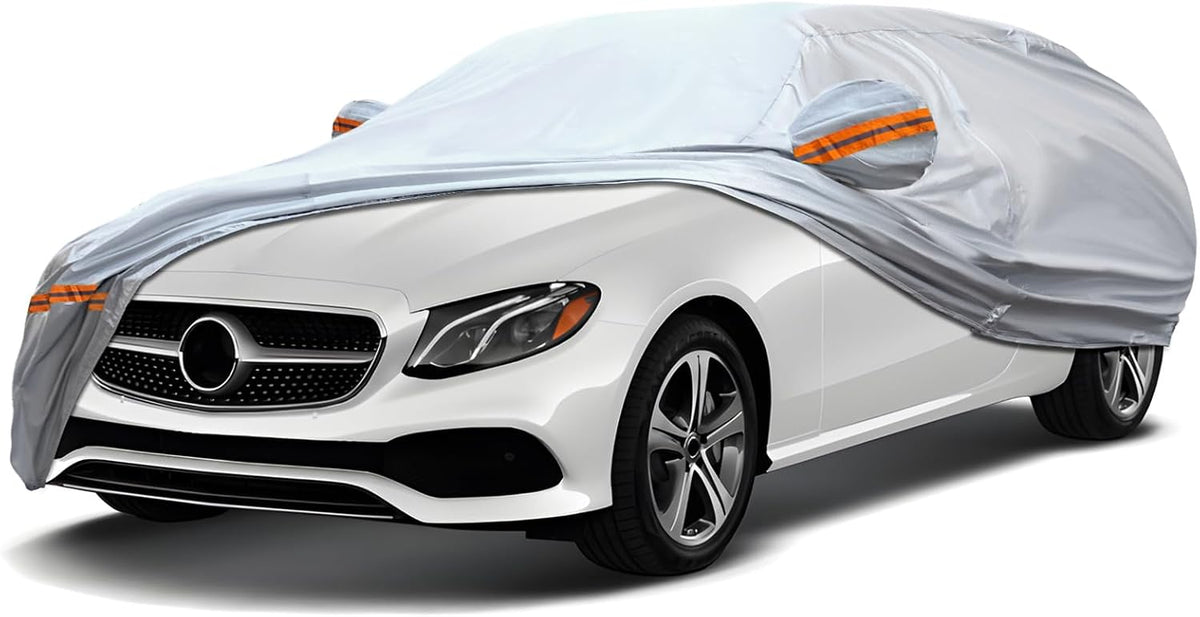 KEYOOG 6-Layer Full Car Cover is All-Weather Waterproof, Fit for 197"-207" Length Sedan, Universal in All Seasons, Snow Prevention, Rainproof, Acid Rainproof, Sunscreen, Orange Reflective Strip