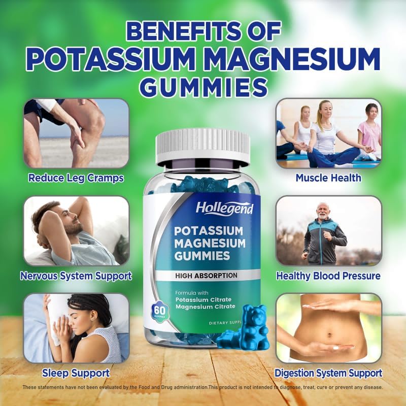 Potassium Magnesium Gummies, High Absorption Potassium Citrate 99mg Magnesium Citrate 180mg, Chewable Gummy Supplements for Leg Cramps & Muscle, 60 Count