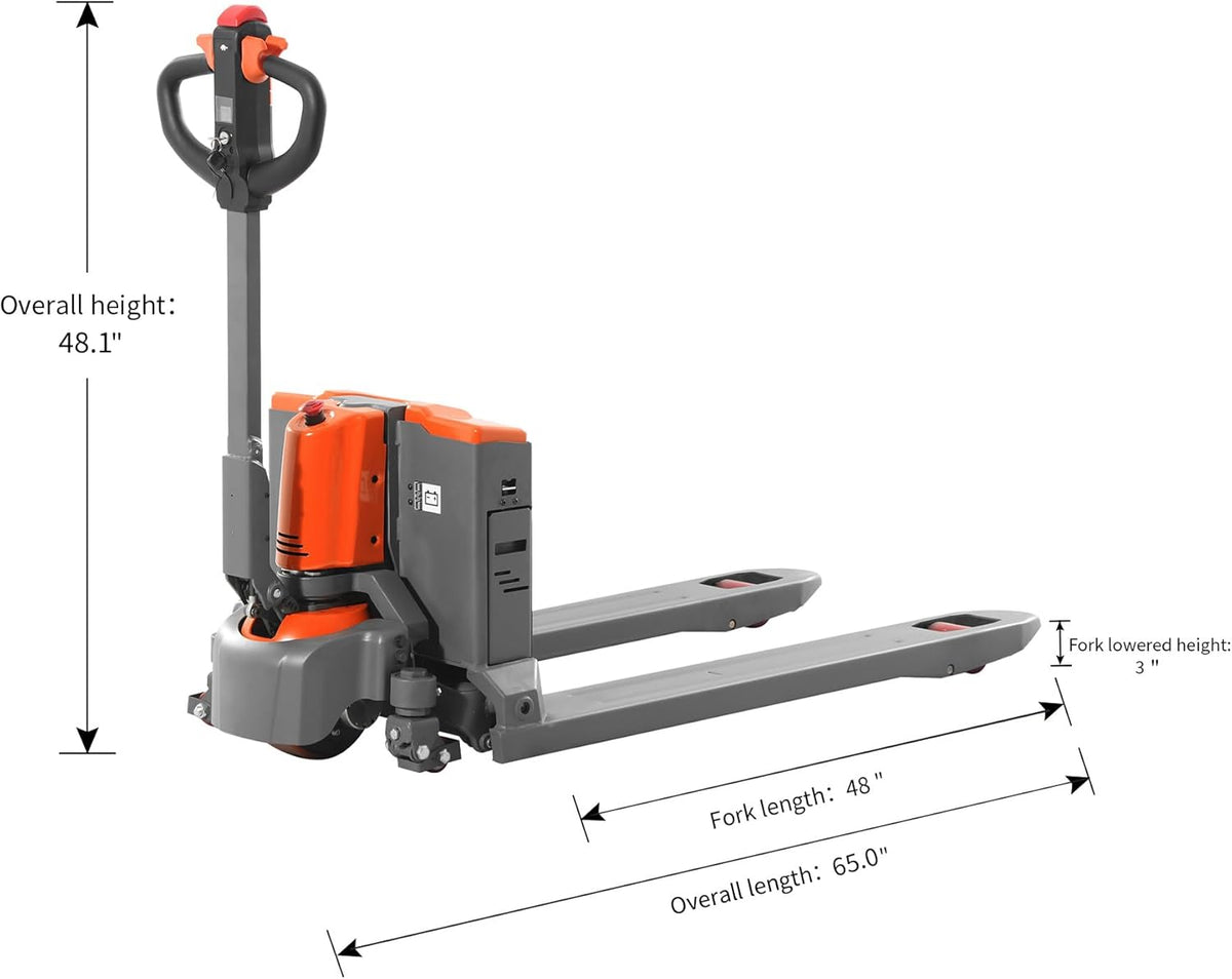 Tory Carrier Full Electric Power Pallet Jack Truck 3300lb Cap. 48" x 27" Fork Size, Lithium Battery Motorized Trucks Lift for Material Handling