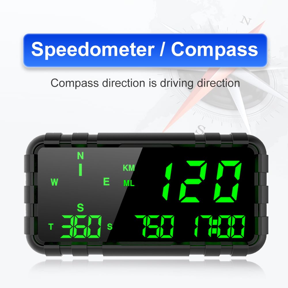 Heads Up Display for Car Digital GPS Speedometer kit MPH Odometer Automotive Compass for Dashboard HUD Fatigued Driving Alert Speeding Alarm for Trucks Golf cart All Vehicles (C3012)