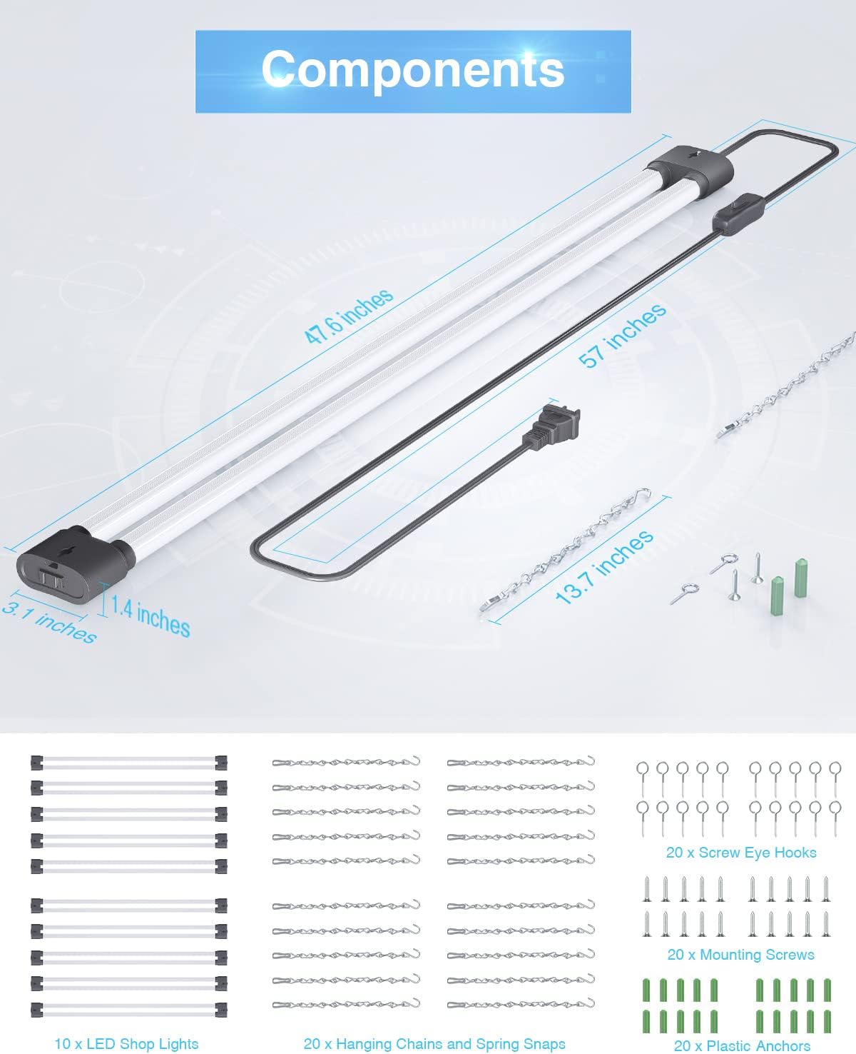Ensenior 10 Pack Linkable Led Shop Light 4ft for Garage, 4400 High Lumens, 36W Equivalent 280W, 5000K Daylight, 48 Inch Utility shop led lights, Surface or Hanging Mount Fixtures, Black, ETL Certified
