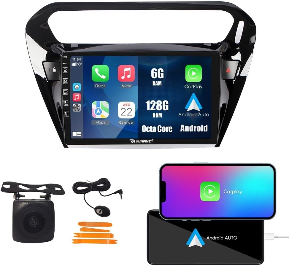 Kunfine Car CarPlay Android Auto Navigation Stereo GPS Radio Reverse Camera Display 9" IPS Touchscreen Headunit Tablet Media Player for Peugeot 301 13-22, if Applicable Octa Core 6G+128G Gloss Black