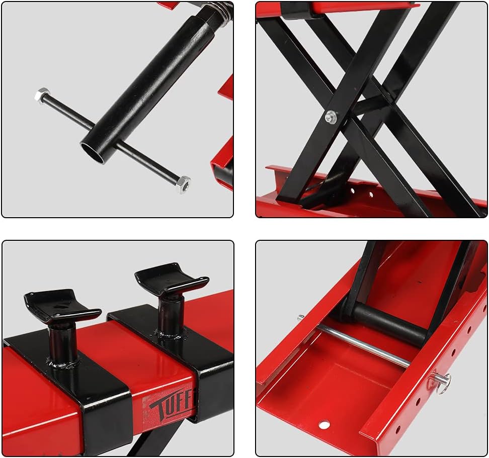 TUFFIOM 1100LBS Motorcycle Scissor Lift Jack, Height Adjustable with Safety Pin & Support Saddles, Foldable Motorcycle Center Stand for Dirt Bike ATV, Red