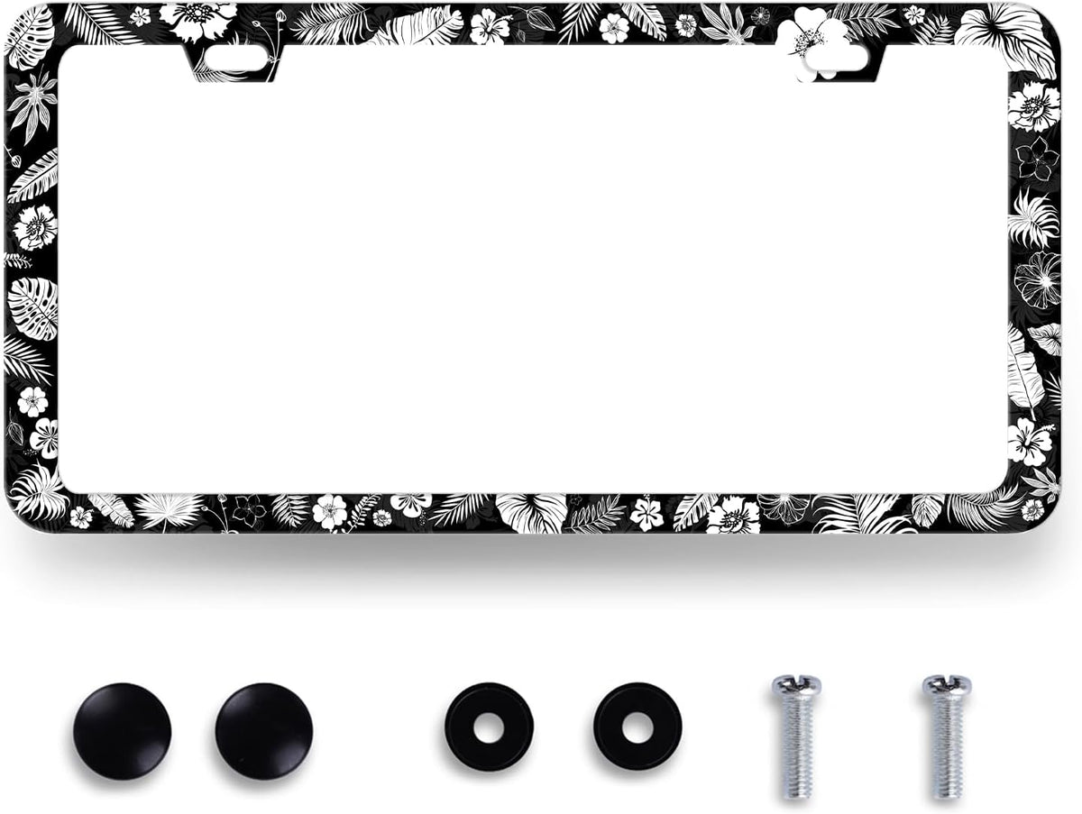 Tropical Flowers Leaves License Plate Frame Hawaiian Hibicus License Plate Holder Stainless Steel Front and Rear Car Tags Auto Parts Colorful License Plate Women Decoration with Screws 12.2" x 6.2"