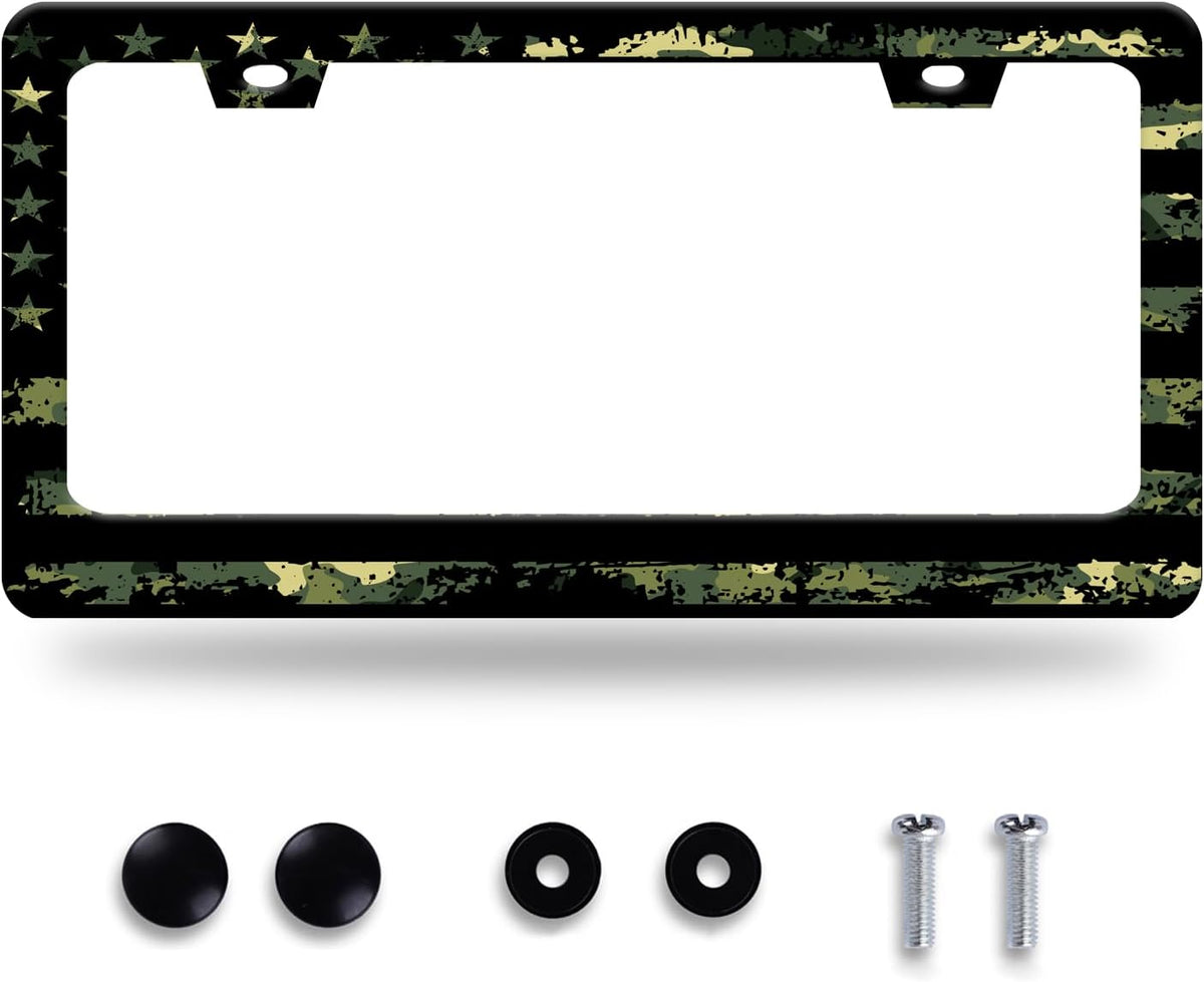 Camo License Plate Frame American Flag License Plate Stainless Steel Funny License Plate Holder for Men Women Colorful Car Accessories Decoration 12.3" x 6.3"