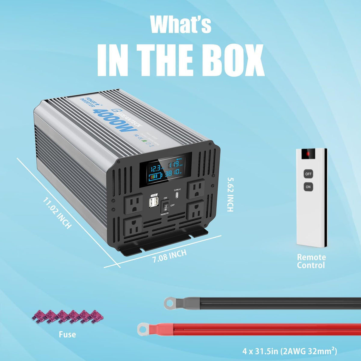 4000 Watt Modified Sine Wave Inverter, 12V Power Inverter, Four 110 / 120V DC to AC Outlets,Type-C Port,Dual Fast Charge USB Ports, LCD Display, Remote Control for Home RV Solar Car Emergency Off Grid