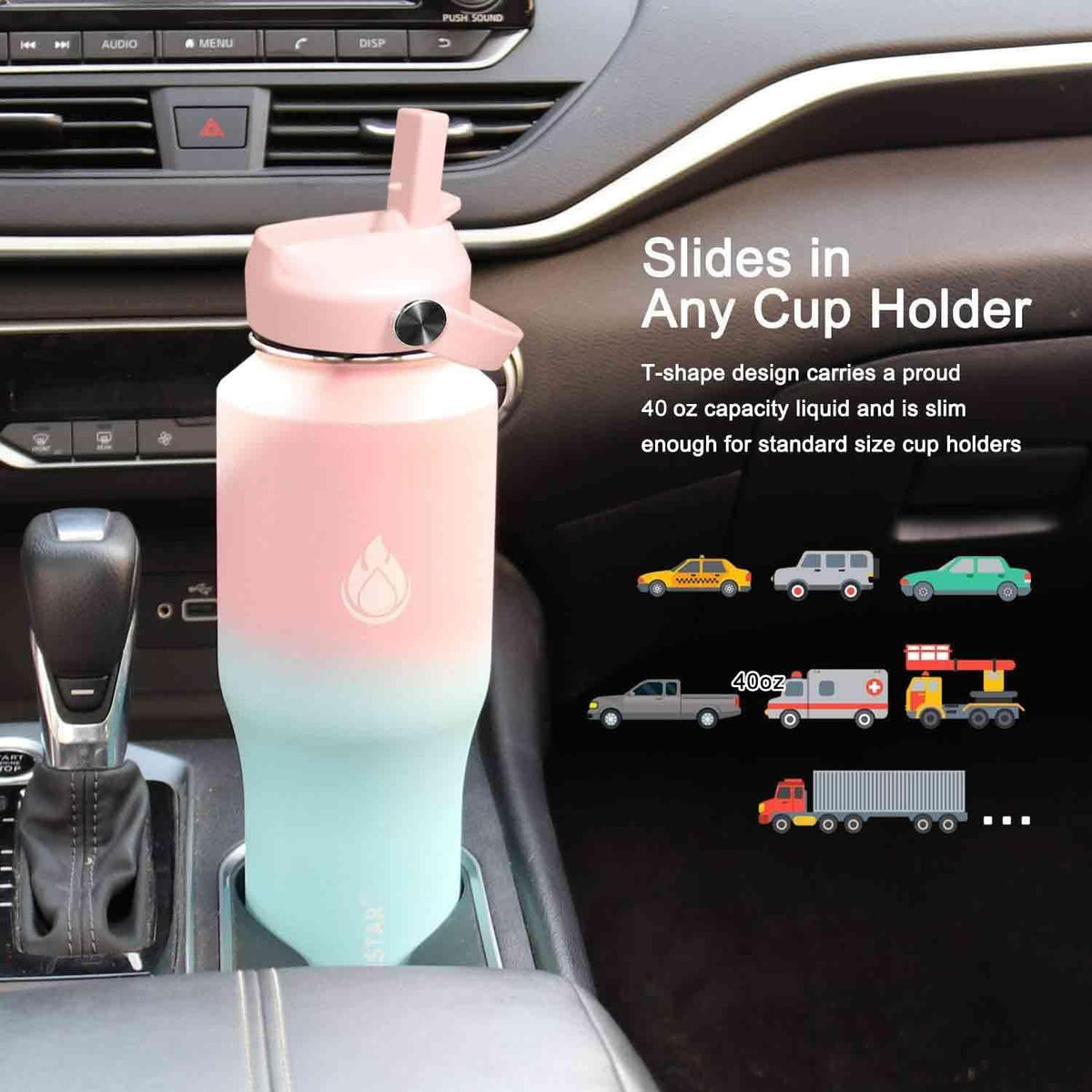 SENDESTAR 40oz Stainless Steel Water Bottle(Cold for 48 Hrs, Hot for 24 Hrs),Double Wall Vacuum Insulated Bottle with Straw Lid, Spout Lid and Flex Cap, Fit in Any Car Cup Holder 40-car-1-Pink-B-1