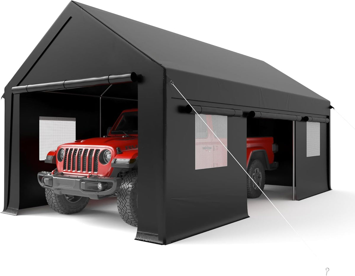 Carport, 12x20 FT Heavy Duty Carport, Portable Garage with Roll-Up Windows & Side-Opening Door, Car Canopy Reinforced Four-Hole Base for Car, Truck, Boat, Motorcycle