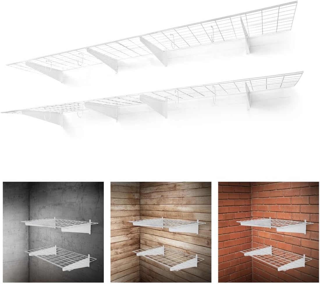 Fencer Wall Mounted Garage Shelving - 96" W x 18" D, 4 Hooks, White, Heavy Duty, 1000lb Capacity