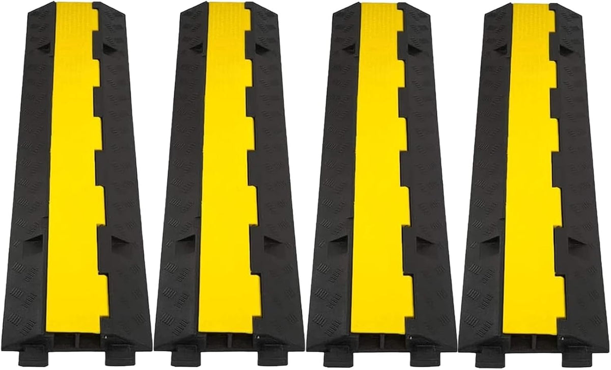 CXRCY Cable Ramp 4 Pack 2 Channel 11000lbs axle Capacity Floor Cable Cord Protector, Black & Yellow Speed Bumps Hose Protector Ramps for Wire/Hose/Pipe Hider Driveway &Outdoor 40x10x2 inch(L x W x H)