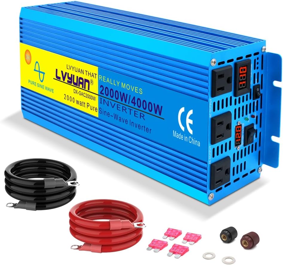 LVYUAN 2000 Watt Pure Sine Wave Inverter 24V to 110V 120V DC to AC with 3 AC Sockets, LED Display, Car Power Inverter for Vehicles Home RV Camping Truck Solar System