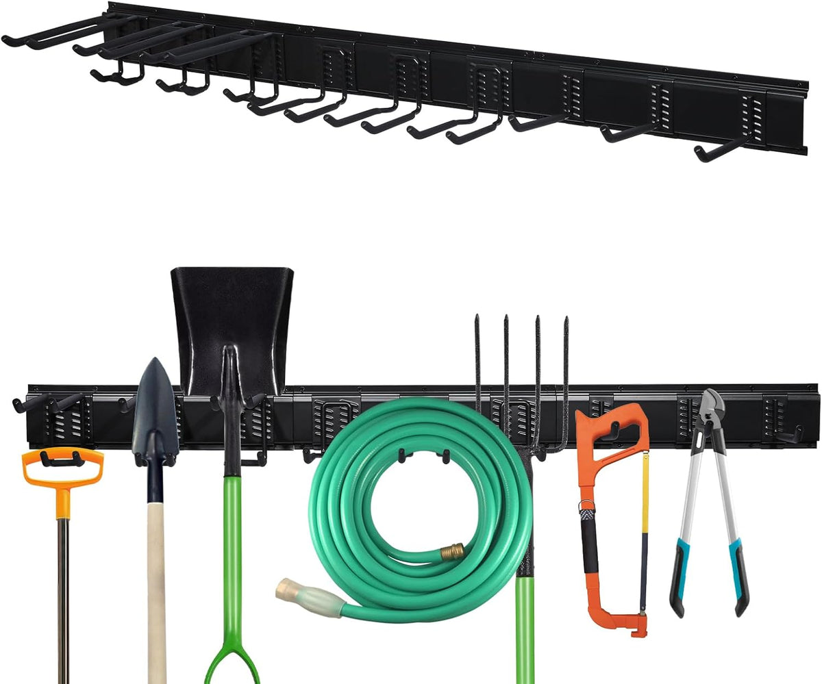 AIRTOON Garage Tool Organizer, 48 Inch Garage Organizer Wall Mounted Storage System with 9 Hooks, Max Load 500lbs Garage Storage for Garden Tools, Shovels, Trimmers, Hoses