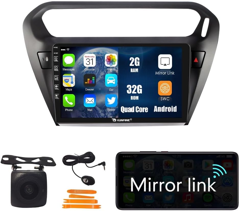 Kunfine Car Android Navigation Stereo GPS Radio Reverse Camera Display 9" IPS Touchscreen Headunit Tablet Pad Media Player for Peugeot 301 2013-2022, if Applicable Quad Core 2G+32G Matte Black