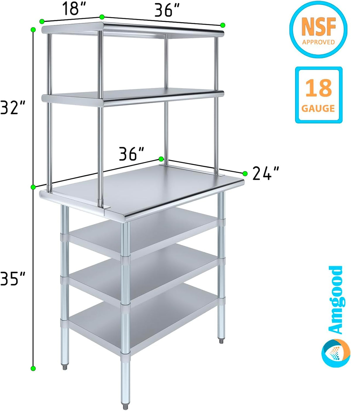 Amgood 24" x 36" Stainless Steel Work Table with 3 Shelves and 18" Wide Double Tier Overshelf | Metal Kitchen Prep Table & Shelving Combo | NSF