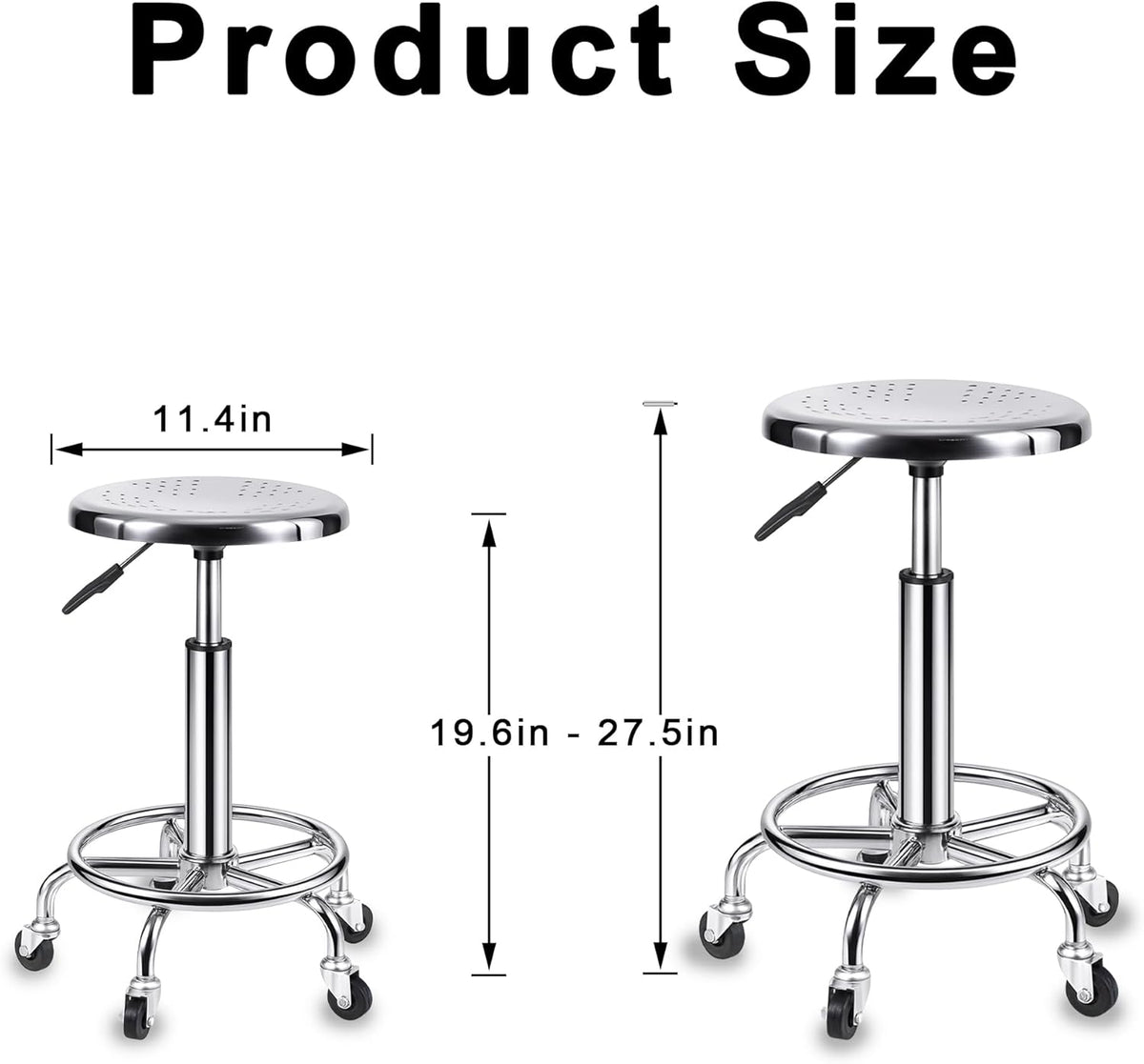Rolling Stool, Stainless Steel Workbench Stool, Adjustable Swivel Stool Medical 5 Wheels, 304 Stainless Steel Structure Laboratory Round Pad, Load Capacity 445 lbs (Silver)