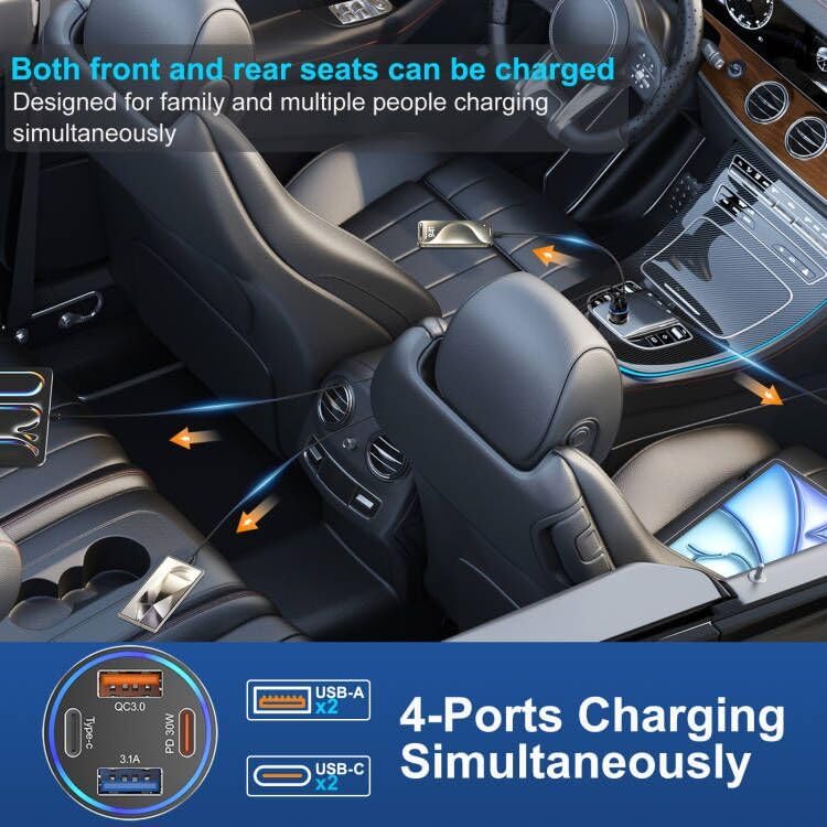 Car Charger USB C Fast Charging, 65W 4-Port Fast Car Phone Charger Accessories Dual USB-C & USB-A Cargador Carro Cigarette Lighter Adapter for iPhone 16 15 14 13 Pro Max,iPad,Samsung,Tablet,Android