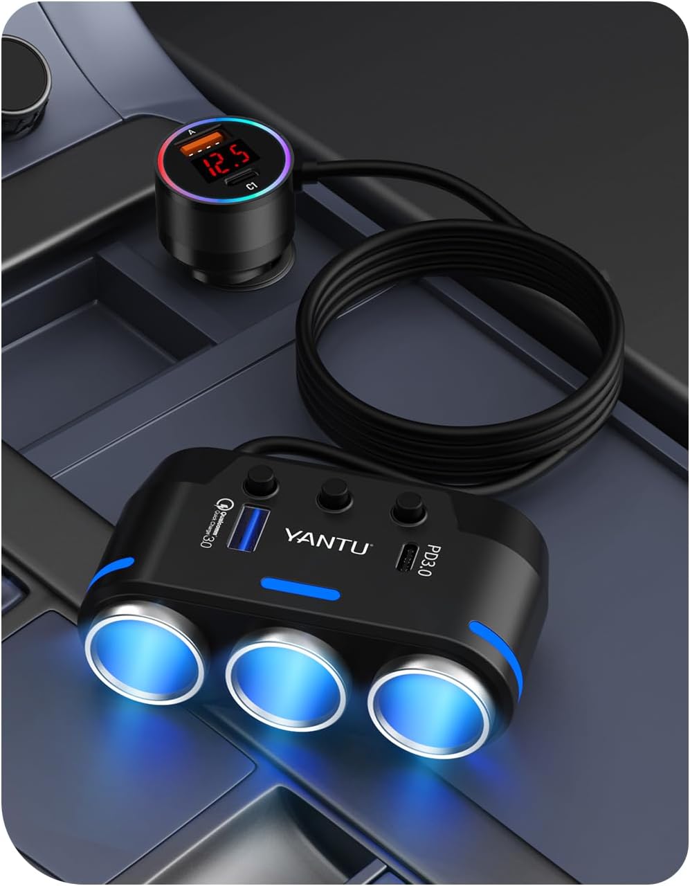 YANTU Cigarette Lighter Adapter/Splitter with PD&QC3.0 230W,Double/Dual USB C Car Charger Fast Charging 12V Outlet,Multi Socket Splitter with Ambient Lights/Independent Switches for Cars/Trucks/RVs