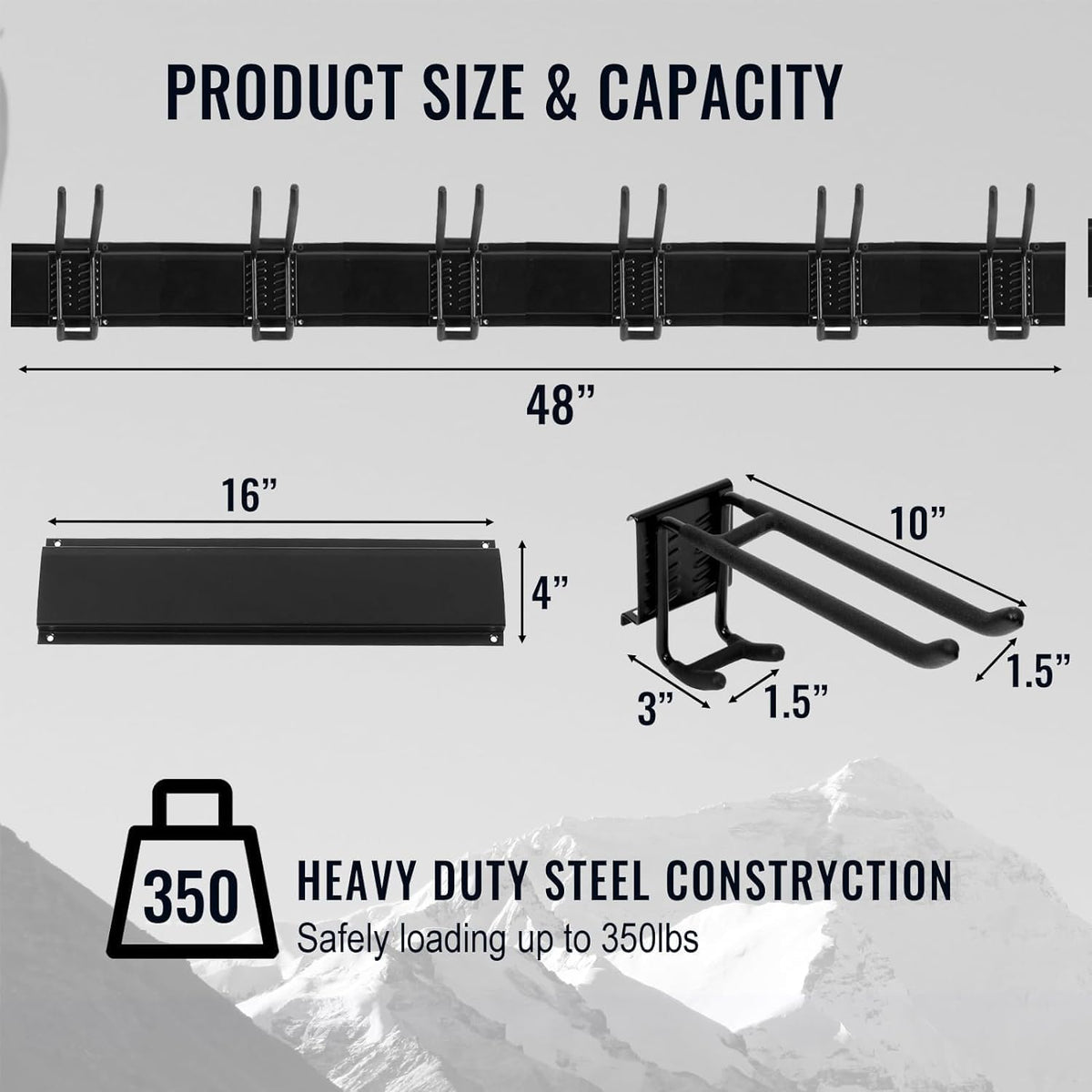 Wall Mount Tool Storage Rack, Heavy Duty Garage Storage Tool Organizer, Garden Tool Wall Hooks and Hangers, Hold Up to 350lbs Black 2Pack, AK806-Black-2Pack