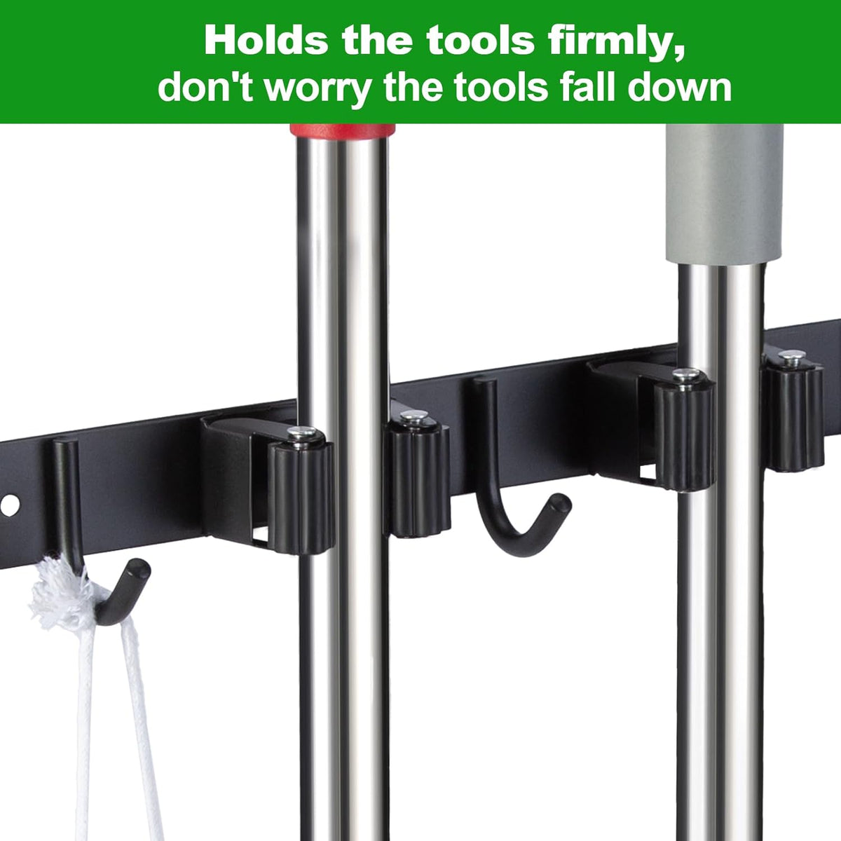 voze 2 Racks and 3 Hooks Mop and Broom Holder Wall Mount, Self Adhesive Heavy Duty Broom Organizer Storage Tool Racks for Kitchen Garden Laundry Garage