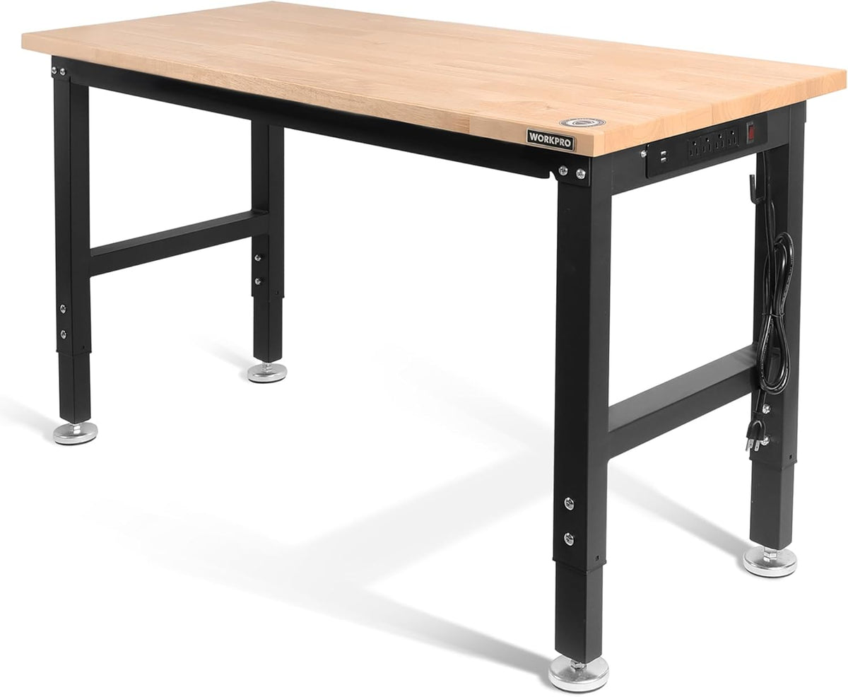 WORKPRO 48" Adjustable Workbench, Rubber Wood Top Heavy-Duty Workstation, 2000 LBS Load Capacity Hardwood Worktable with Power Outlets, for Workshop, Garage