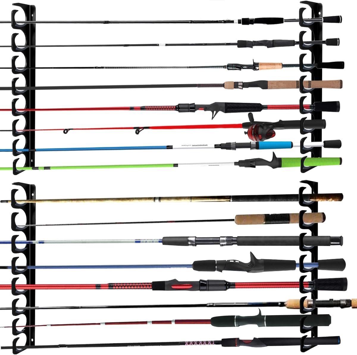 Wall Mounted Fishing Rod Rack Holder Ceiling Storage Hook Hanger Display Metal Horizontal Rack Oranizer Poles Steel Racks Holds up to 16 Rods with Soft Protective Pad for Garage Cabin and Basement