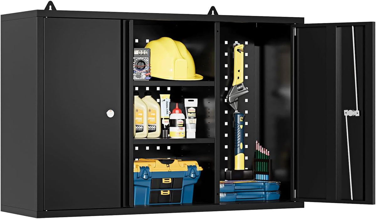 Metal Wall Cabinets for Storage with Locking Doors Adjustable Shelf Pegboard and Hooks, Metal Garage Wall Cabinet, Floating Upper Storage Cabinet