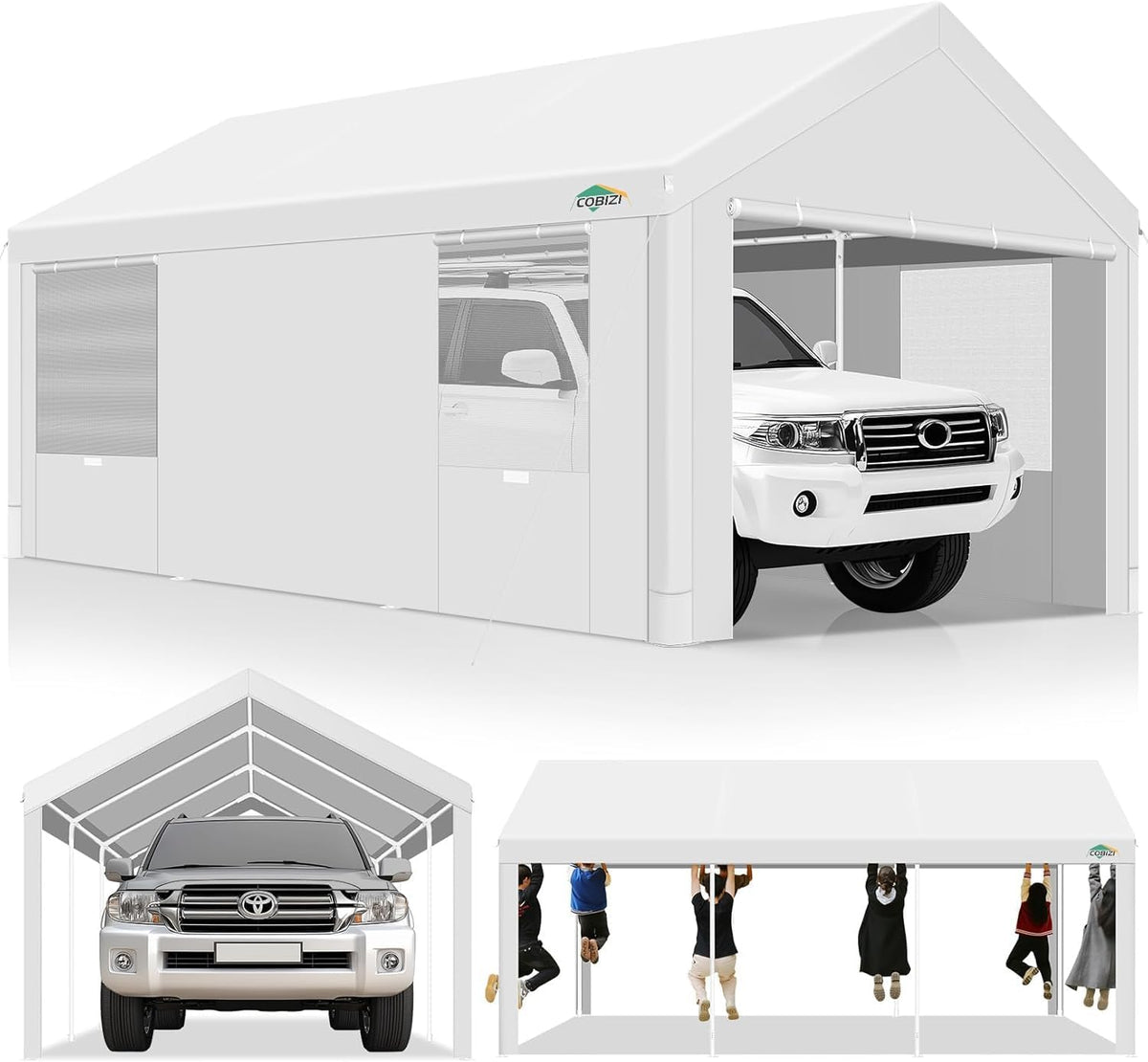 COBIZI Carport 10x20ft Heavy Duty Portable Garage, 2.0 Powder Coated Frame(Better Than Galvanized), Waterproof Shelter with Removable Sidewalls & Windows, Built-in Sandbags, for Car/Boat/SUV, White