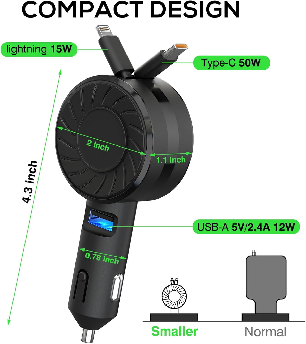 Retractable Car Charger, 3 in 1 Fast Charging Car Phone Charger 50W, Mini Adapter with 2 Cables+1 Port Cigarette Lighter USB C Charging for Apple iPhone 15 Pro/Samsung/Android/Pixle