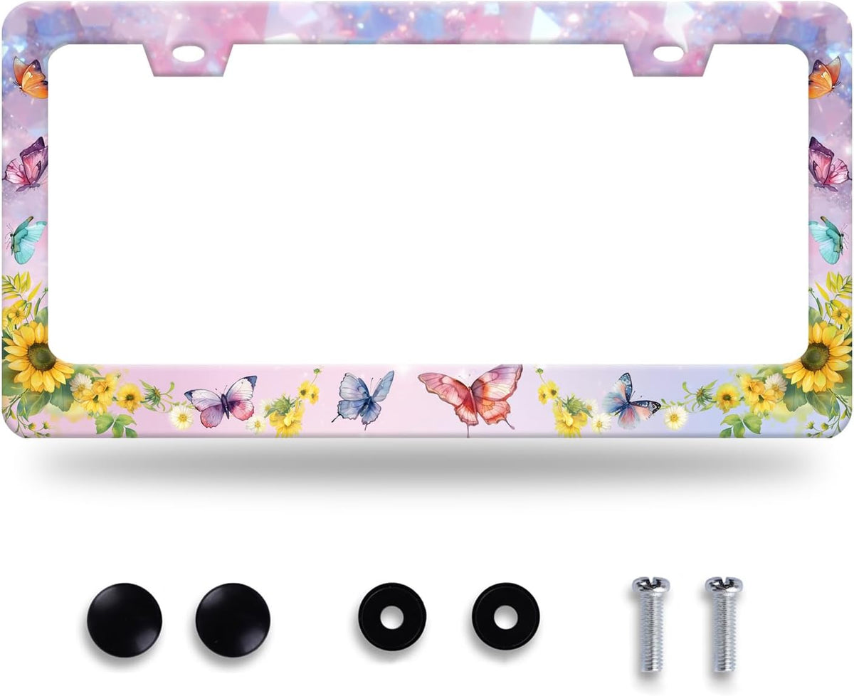 Beautiful Butterfly Sunflower License Plate Frame Yellow Floral License Plate Stainless Steel Funny License Plate Holder for Men Women Colorful Car Accessories Decoration 12.3" x 6.3"