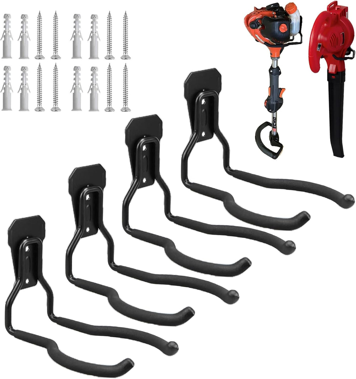 Garden Power Tool Hanger, Garage Wall Hooks, Weedeater Rack, String Trimmer Hanger, Utility Hooks for Garage Tool Organizers and Storage - Black, 4 Pcs