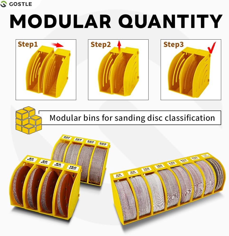 5 Inch Professional Sanding Discs Storage Bins - 8 Bins Set for Efficient Organization, Offset Snap-On Connection, Grit Classification, Space-Saving Design and Versatile Application, Yellow