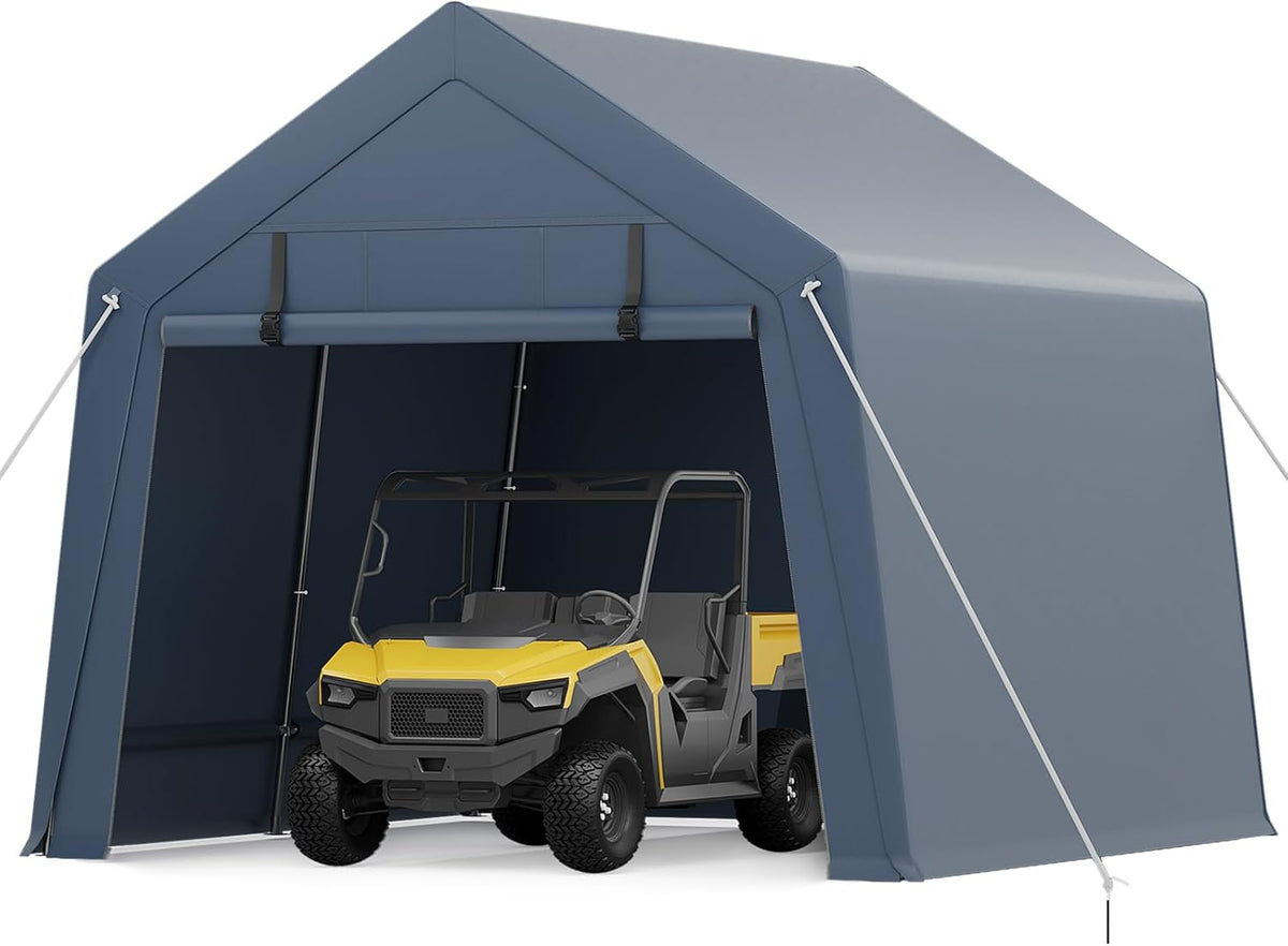 10x10FT Outdoor Storage Shed, Portable Carport with Roll-up Ventilated Zipper Door and Windows, Heavy Duty Waterproof Tarp, Storage Sheds for Motorcycle, Bike, Firewood, Garden Tools