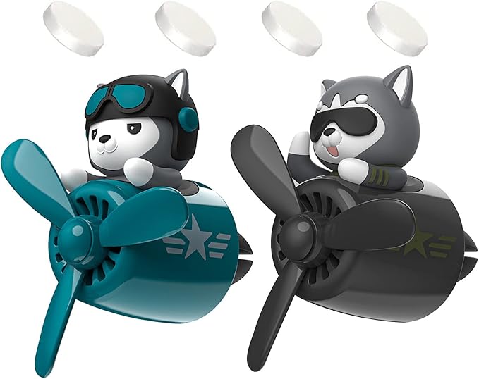 2 Pieces Car Air Fresheners, Cute Bear Pilot Car Diffuser, Propeller Air Outlet Vent Fresheners, Suitable for Automotive Interior Decoration (dog（A+B）)