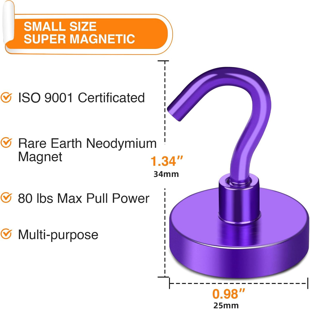 MIKEDE Magnetic Hooks,80LB Heavy Duty Magnets with Hook for Fridge, Super Strong Magnets Neodymium Extra Strength Industrial Hooks for Hanging, Toolbox, Cruise(Purple, 4 Pack)