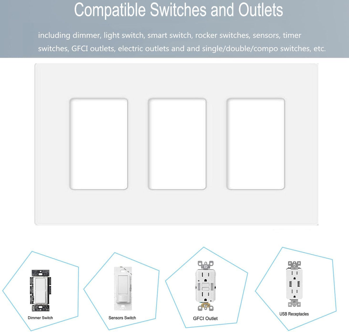 3-Gang Screwless Decorator Wall Plate Cover Switch Outlet Electrical Faceplate for Light Switche, Smart Switch, Receptacle, Dimmers, USB Outlet, GFCI, Child Safe Cover Plate, White (2-Pack)