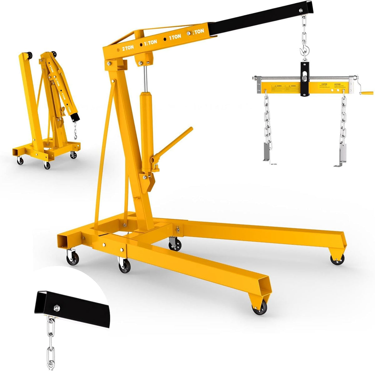 2-Ton Folding Hydraulic Engine Hoist with Lever, Heavy-Duty Engine Crane Cherry Picker with 6 Casters, Shop Lift for Garage, Workshop & Warehouse, Yellow