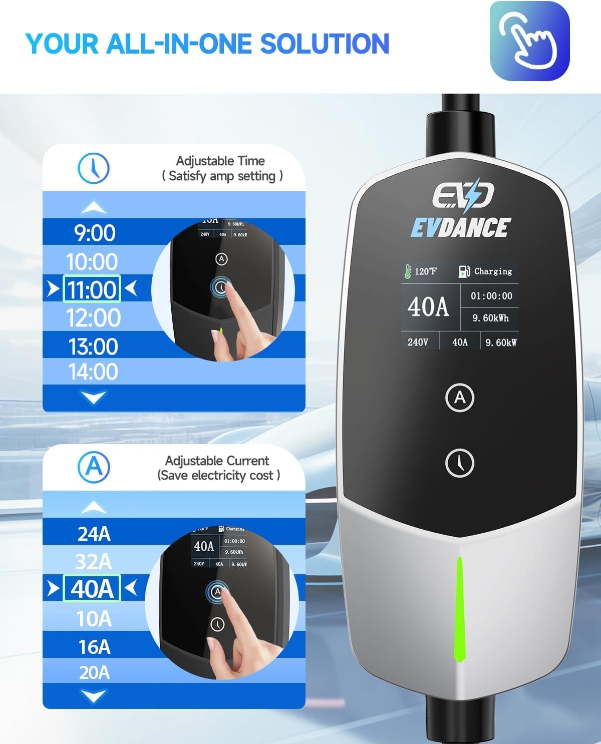 Level 2 EV Charger 40Amp, 240V 9.6KW Portable Electric Vehicle Charging Stations with NEMA 14-50P, 25FT Cable Adjustable Current/Timing Delay Home Electric Car Charger for J1772 BEVs/PHEVs