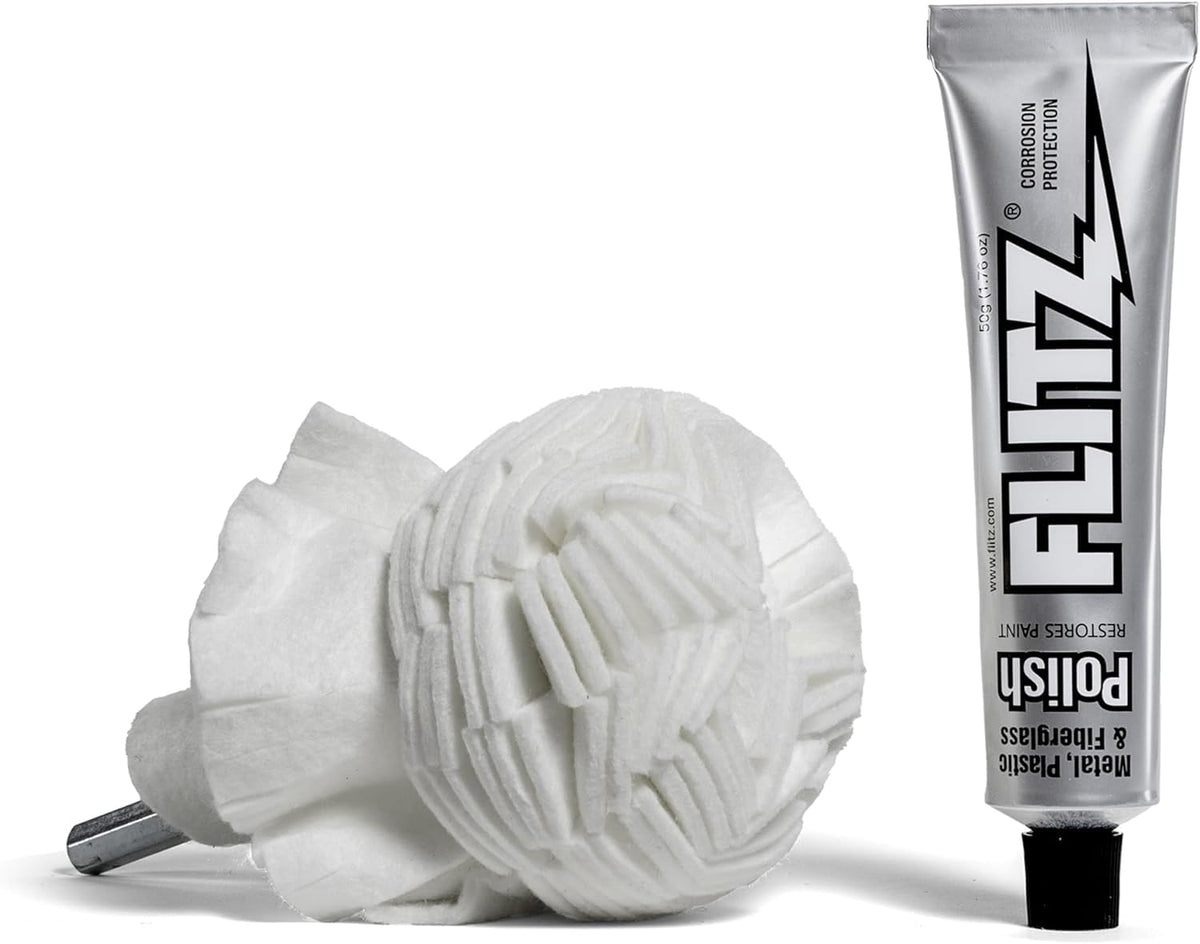 Flitz Buff Ball w/ 1.76oz Metal Polish Paste - 3in Drill Buffer Polisher Attachment for Any 3/8in Drill - Self-Cooling, Washable Polishing Ball to Buff, Shine, & Protect All Metals, Plastics (1 Pack)