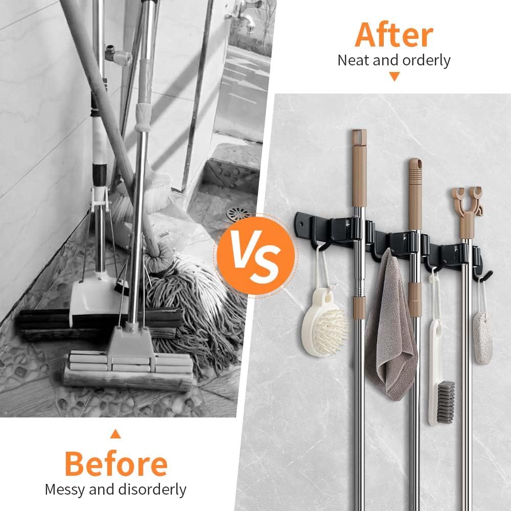 2 Pack Broom Hanger and Mop Holder, Heavy Duty Garden Tool Organizer Rack Rake and Shovel Handle, Stainless Steel Wall Mounted Utility Rack with Screws (3 Racks with 4 Hooks, Matte Black).
