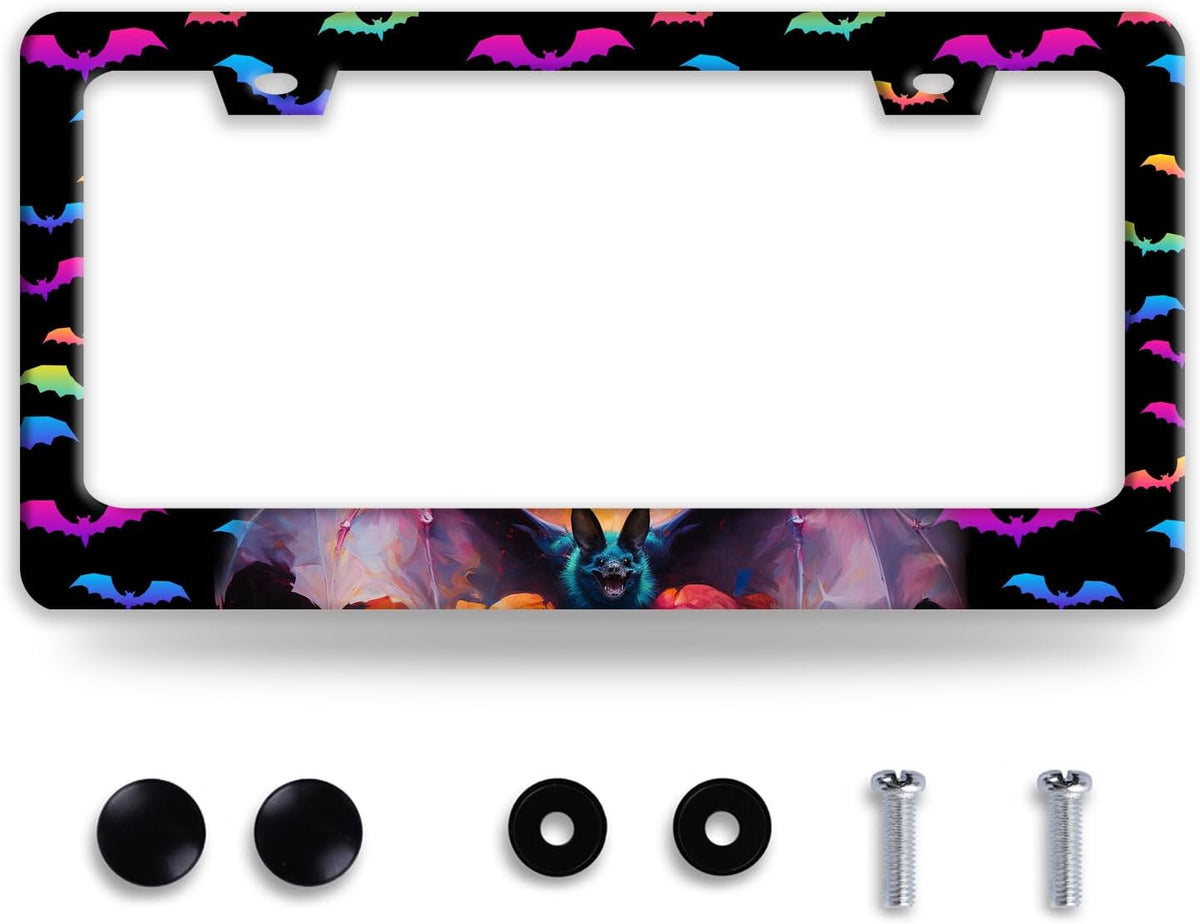 Bat License Plate Frame Funny Gothic License Plate Frames Stainless Steel Accessories Cars Decor with 2 Holes and Screws Reusable Fits Standard Us Ca Vehicles License Plate Holder 12.2 X 6 Inch