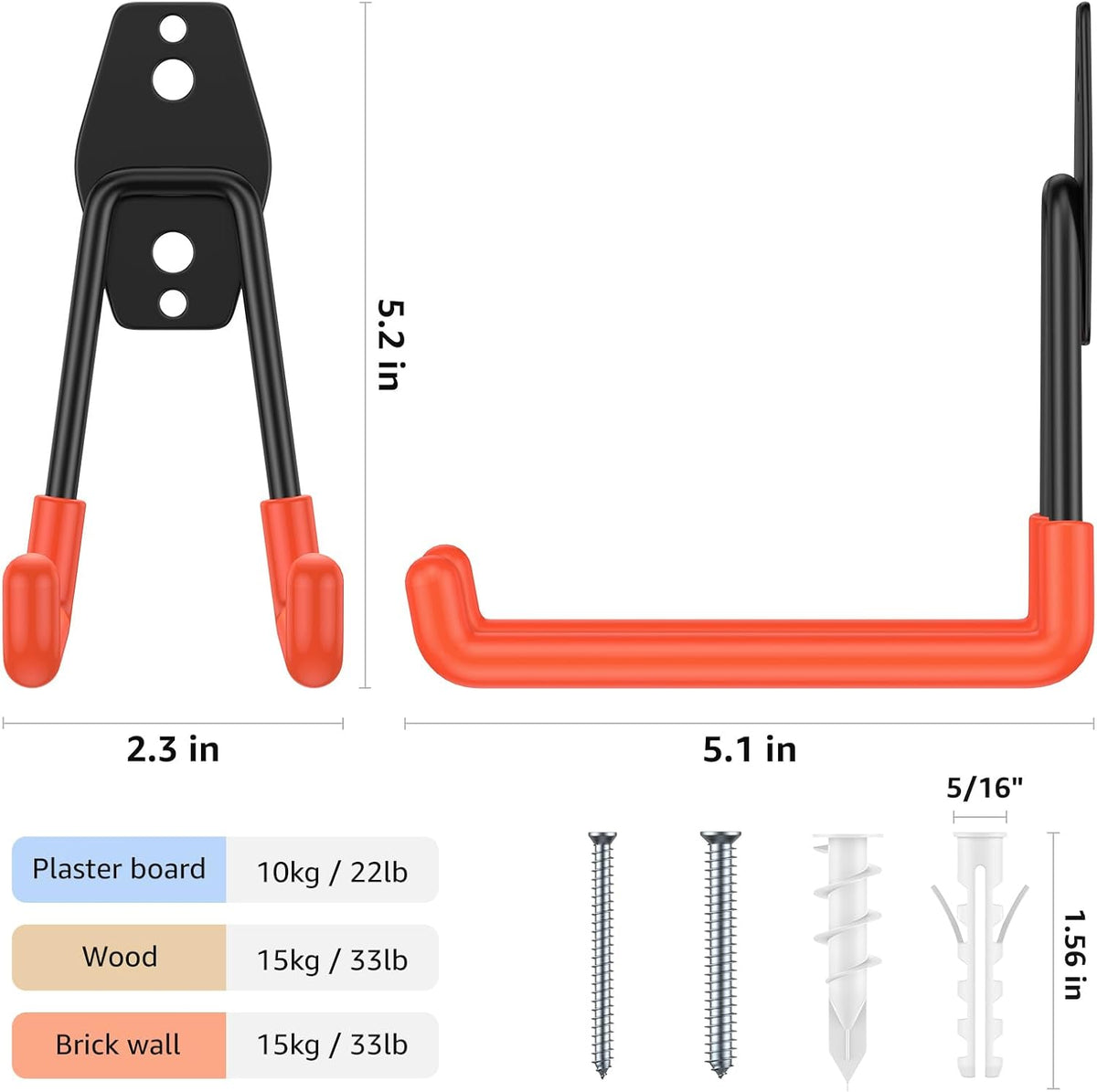 4 Pack 5.2x5.1 Inch Utility Steel Wall Mount Heavy Duty Garage Hooks with Anti-Slip Coating,Storage More Yard,Garden and Power Tools and for Hanging Hose,Ladder and Bike
