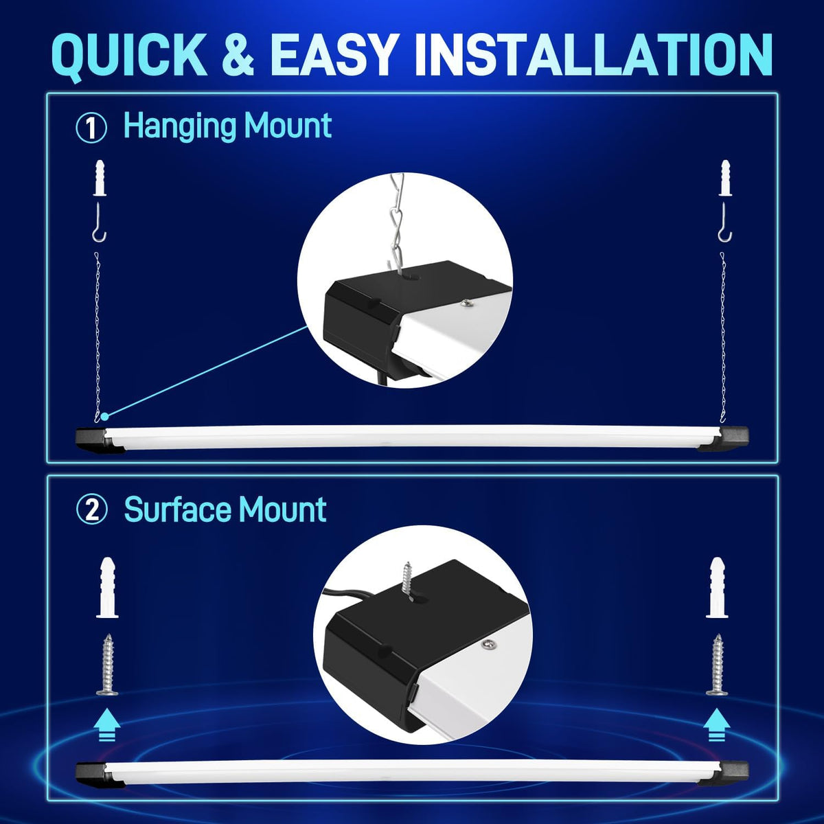 hykolity 4 Pack 4FT LED Shop Light, Linkable Utility Shop Lights, 42W, 5000K Daylight White Shop Light for Garages, Workshops,Hanging or FlushMount, Power Cord with Pull Chain Switch, Balck, ETL