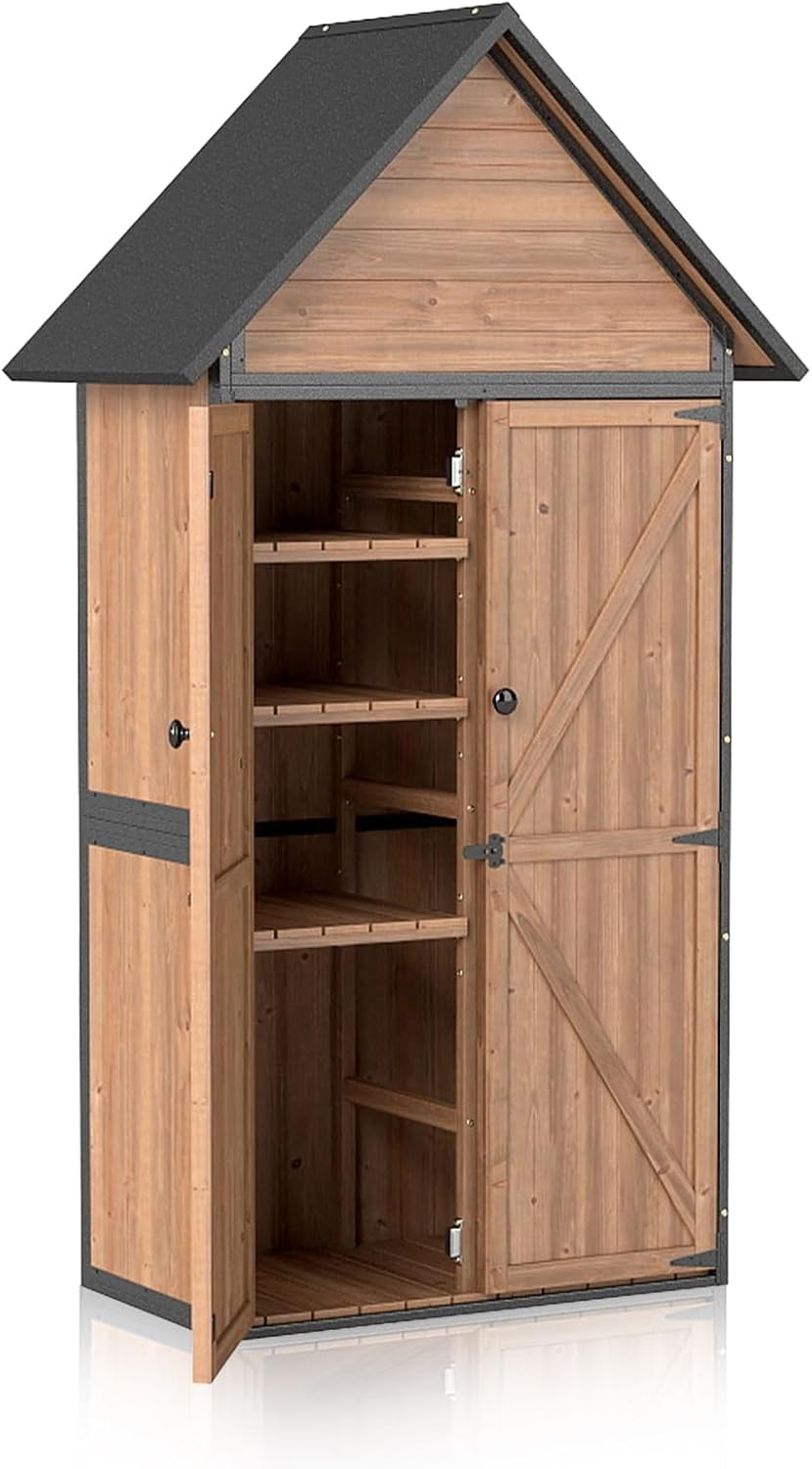 Outdoor Storage Shed with Sloped Roof - Heavy-Duty Metal & Wood Garden Cabinet, Adjustable Shelves, Large Capacity Waterproof Design for Patio, Garage, Backyard (Brown)