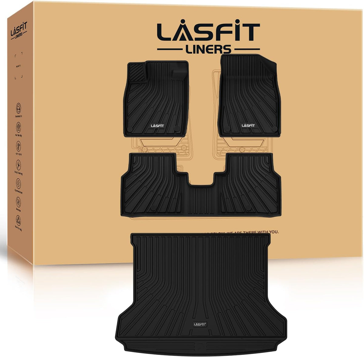 LASFIT Floor Mats & Cargo Mats for Volkswagen ID.4 2025 2024 2023 2022 2021, All Weather TPE Custom Fit Floor Liners for VW ID.4 1st & 2nd Row Car Mats & Trunk Mats, Black
