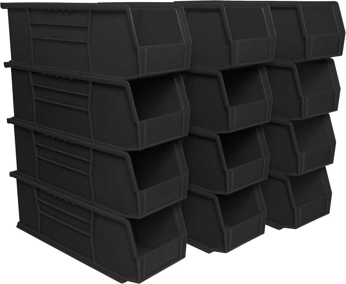 Akro-Mils 30234 AkroBins Plastic Storage Bins, Space-Saving Stackable Bins for Garage, Pantry, Craft Organization, 15-" x 5-" x 5-", Black, 12-Pack