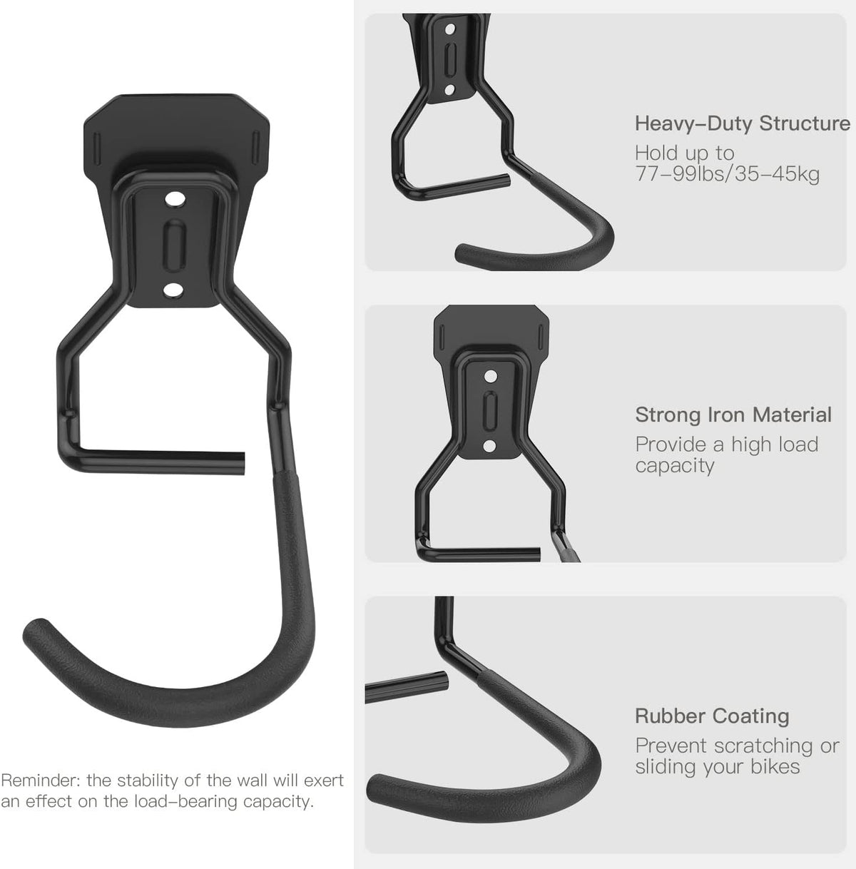 Bike Wall Mount with Fixed Hook, [2 Pack] Heavy Duty Bike Storage Rack, Bike Rack Vertical Stand for Garage - Easily Hang/Detach - with Screws Iron Bike Hanger Brackets