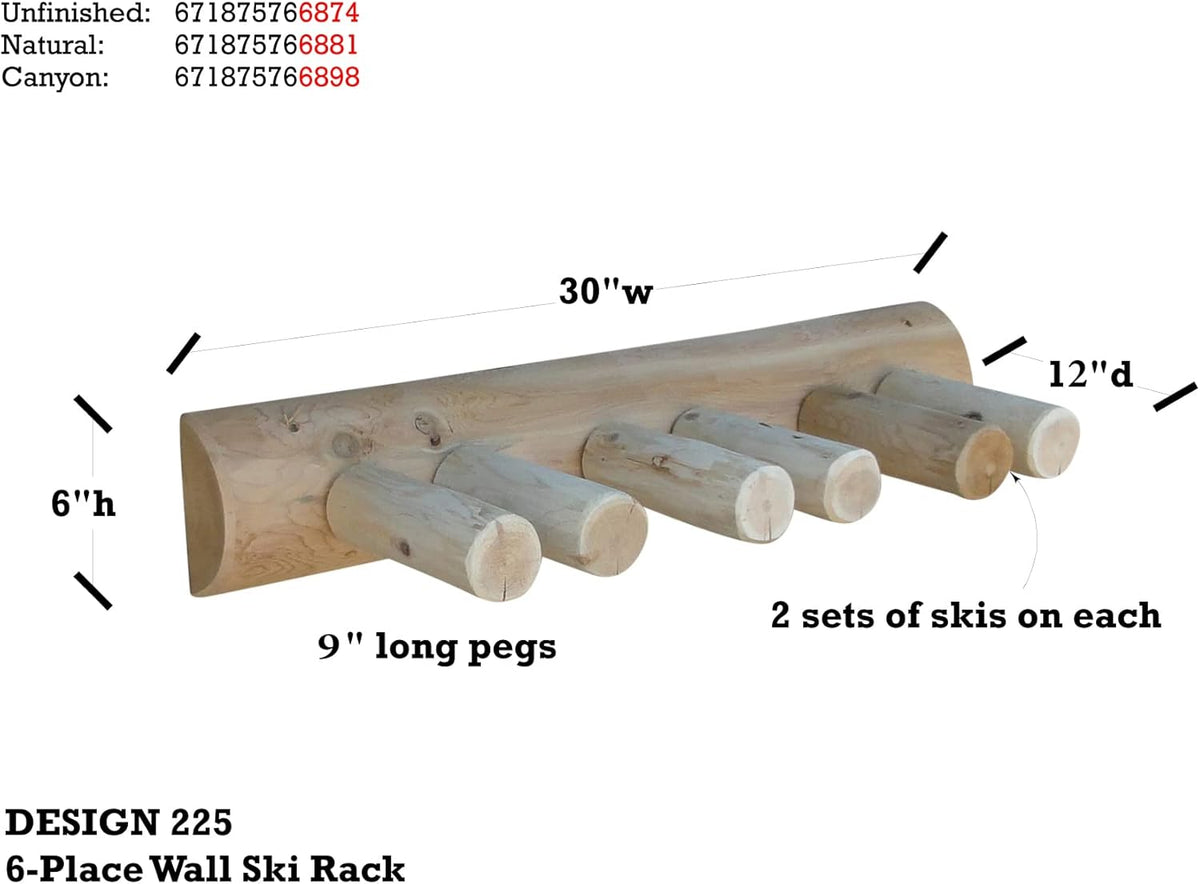 6-Place Log Ski Rack Wall Mount, Indoor Ski Storage Rack for Garage Organizers, Wooden Skis Wall Mount Storage Racks, Pole Skis Sports Racks, Garage Organization Walls - Unfinished